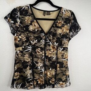 Sere Nade Women's Top Black Brown Sz M Babydoll Fairy Grunge Y2K Mesh Floral